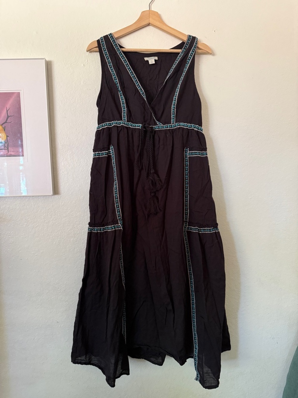 Sundance Black Maxi Dress with Teal Trim Sz S Lined, Has Pockets